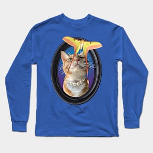 Ginger Tabby Cat Watching a Chinese Moon Moth Long Sleeve T-Shirt